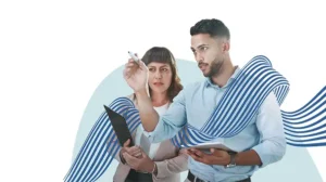 Two people shown discussing the challenges of leadership through uncertainty and leading in disruptive times