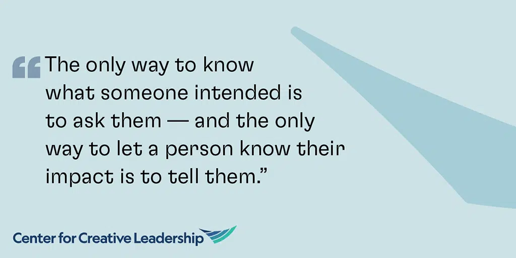 Image of pull quote explaining intent vs. impact and the situation-behavior-impact model also known as sbii